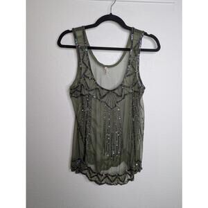Willow & Clay Beaded Mesh Tank Top Olive Green Sequin Art Deco Women’s M